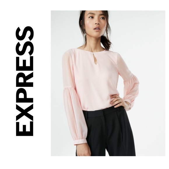 Express Tops - Pink Keyhole Cut-out Puff Sleeve Blouse By Express